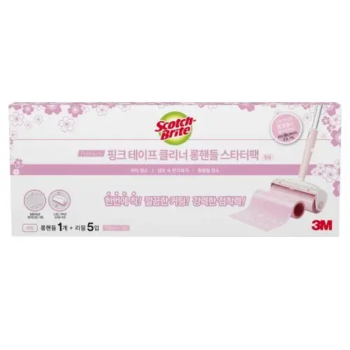 3M 스카치브라이트 돌돌이 테이프클리너 롤크리너 대형 클린컷 체리블라썸 롱핸들 밀대 세트(롱핸들 1개+리필 5입)