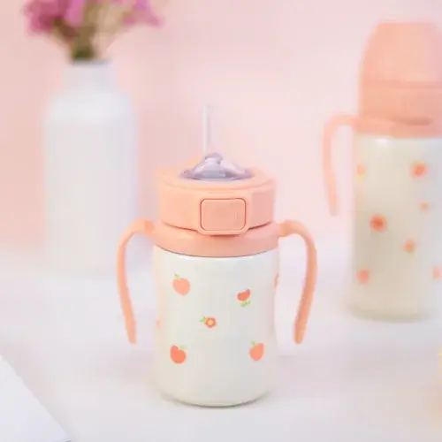 그로미미 안새는빨대컵 유아물병 스텐 피치플라워 200ml